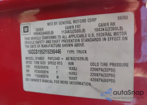 2000 Chevrolet S-10 Ls из США, поврежденный, VIN 1GCCS1952Y8298446